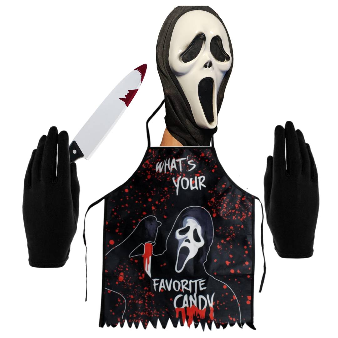 Disfraz de Asesino de Terror para Adulto - Kit Completo de Halloween: Máscara de Grito, Delantal Sangriento, Cuchillo y Guantes - Talla Única Hombre para Carnaval y Fiestas Temáticas