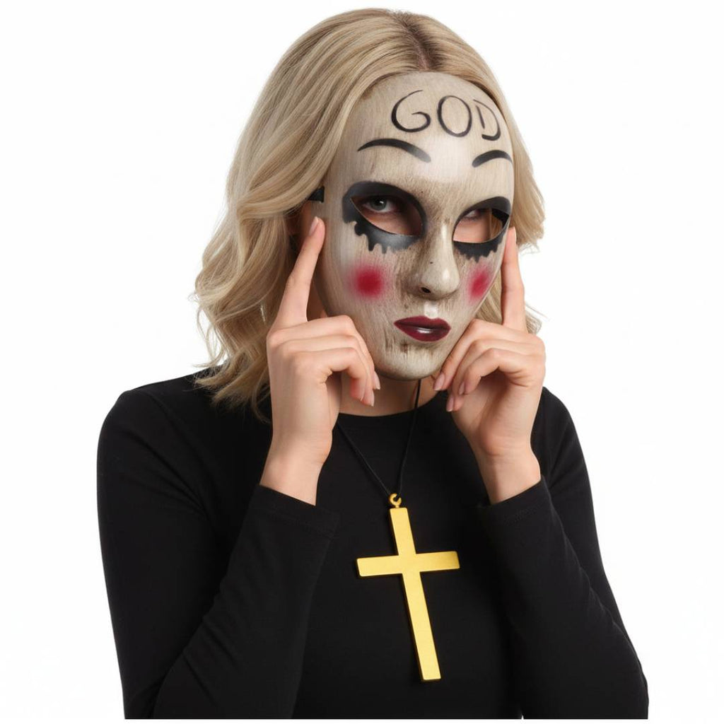 Disfraz de La purga Mujer, Monja Medieval, Religión | Túnica Negra con Capucha, Cruz dorada y Máscara God para Fiesta Halloween, Carnaval y eventos de cosplay