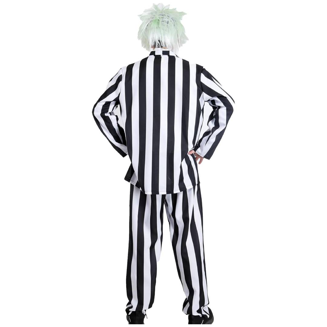 Disfraz de Fantasma a Rayas para Hombre: Traje de Carnaval y Halloween con Peluca, Tallas M-XL, Set Completo 3 Piezas