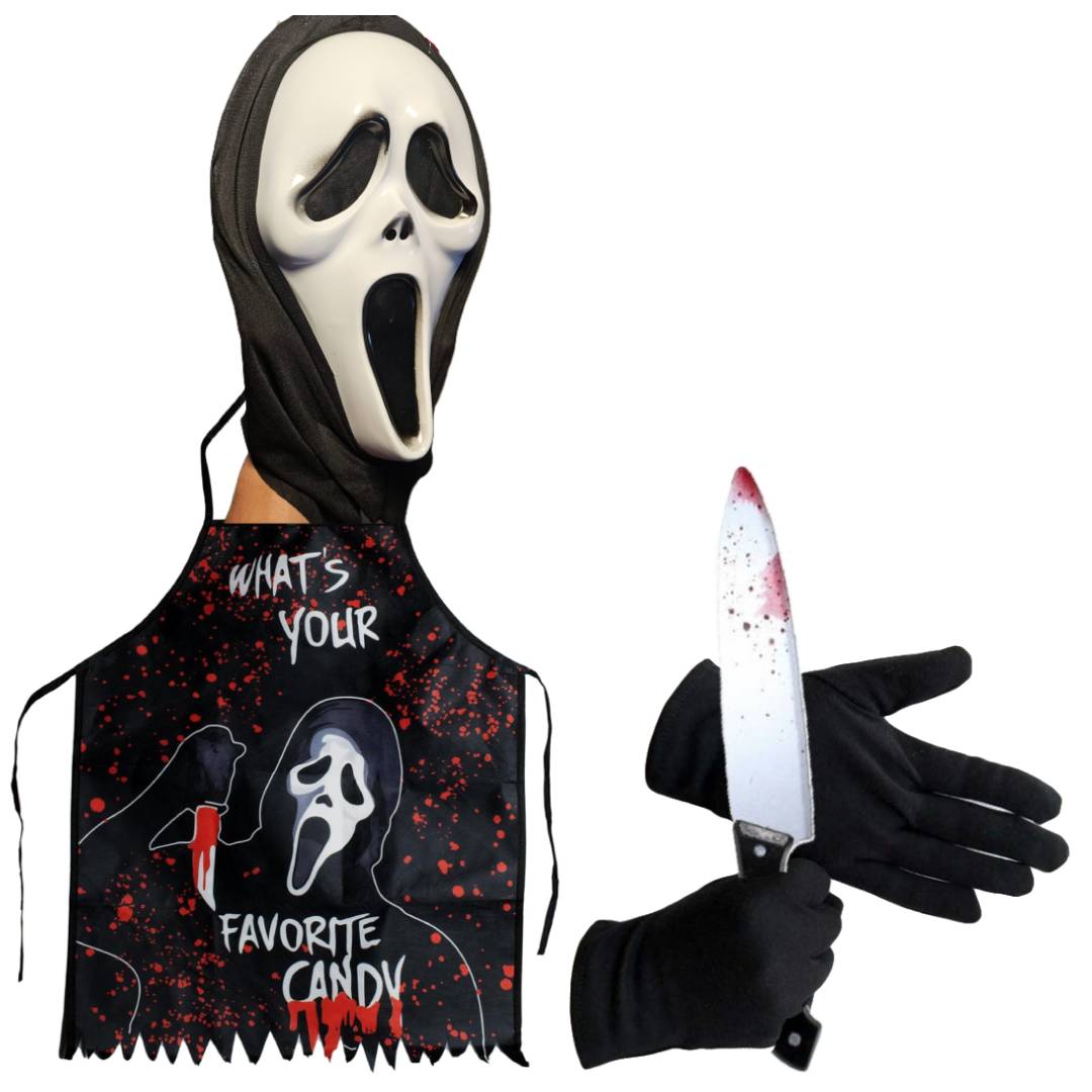 Disfraz de Asesino de Terror para Adulto - Kit Completo de Halloween: Máscara de Grito, Delantal Sangriento, Cuchillo y Guantes - Talla Única Hombre para Carnaval y Fiestas Temáticas
