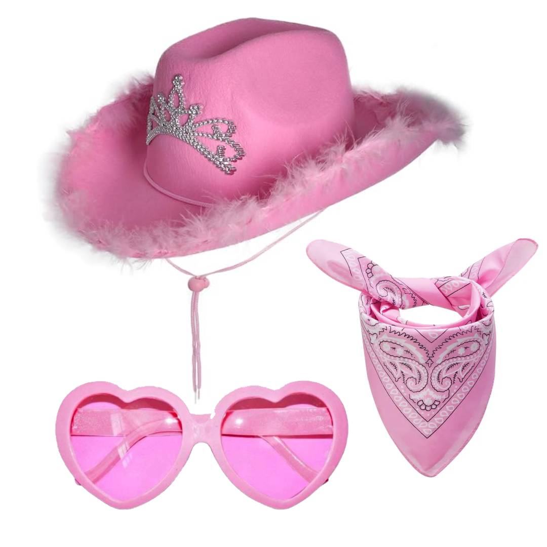 Pack 3 Piezas Disfraz Vaquera Rosa Mujer - Sombrero Cowgirl de Lujo, Pañuelo Western y Gafas de Corazón - Ideal para Carnaval, Festivales, Despedidas y Halloween - Talla Única.