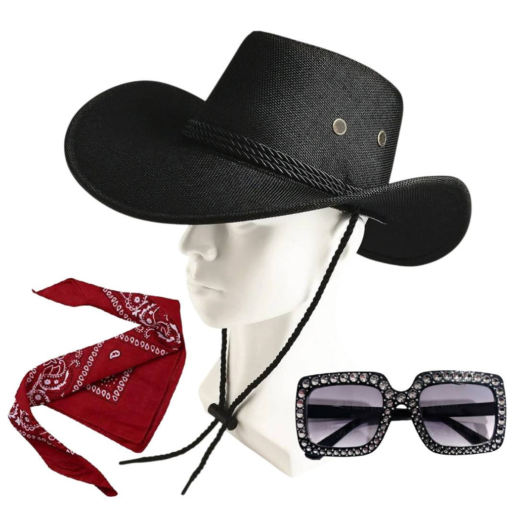 Pack Cowboy Premium Unisex - Sombrero Vaquero Ajustable, Gafas de Sol de Lujo con Cristales y Bandana Western - Set Completo para Festivales, Carnaval, Halloween y Eventos Temáticos - Talla Única Adulto.