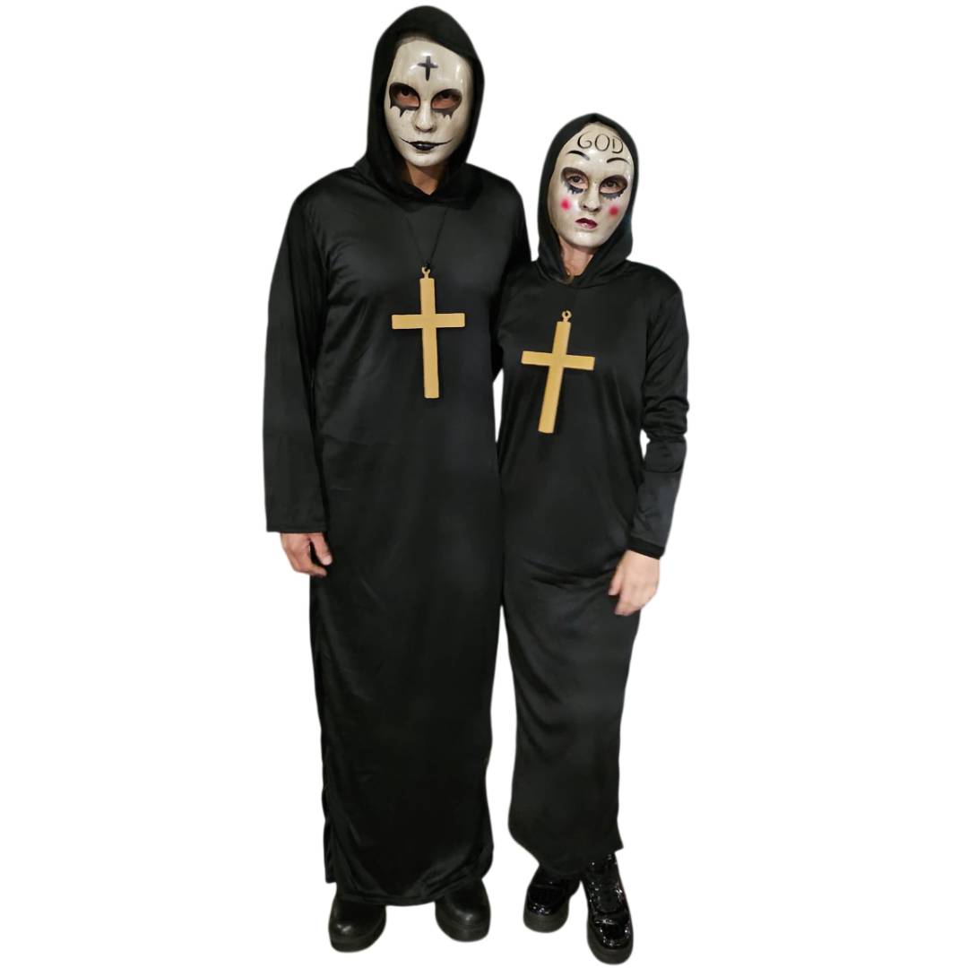 Disfraz de la Purga Parejas Supervivencia Urbana Monje Hombre y Mujer | Túnica Negra con capucha, Cruz, Máscara Halloween, Carnaval