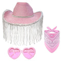 Pack 3 Piezas Disfraz Cowgirl Rosa para Mujer - Sombrero de Vaquera con Brillos y Flecos, Bandana Western y Gafas de Corazón - Set Completo para Carnaval, Festivales, Halloween y Despedidas.