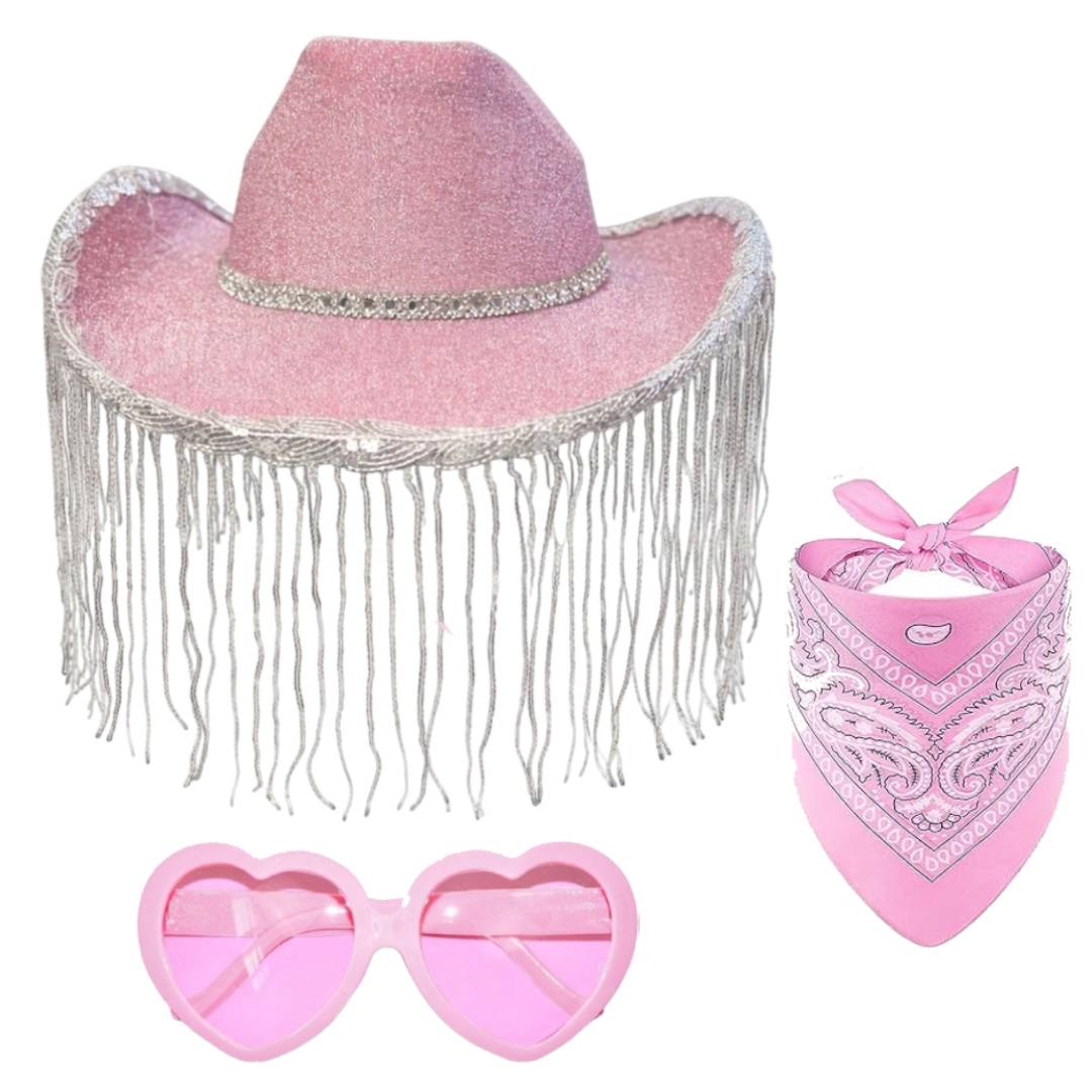 Pack 3 Piezas Disfraz Cowgirl Rosa para Mujer - Sombrero de Vaquera con Brillos y Flecos, Bandana Western y Gafas de Corazón - Set Completo para Carnaval, Festivales, Halloween y Despedidas.