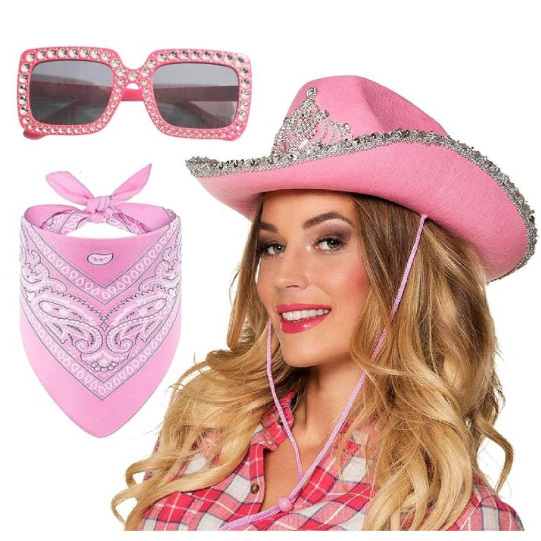 Set de Vaquera Rosa Premium: Sombrero de Cowgirl con Tiara, Gafas de Sol de Brillo y Bandana Paisley - Kit Completo para Disfraz de Carnaval, Halloween y Despedidas de Soltera