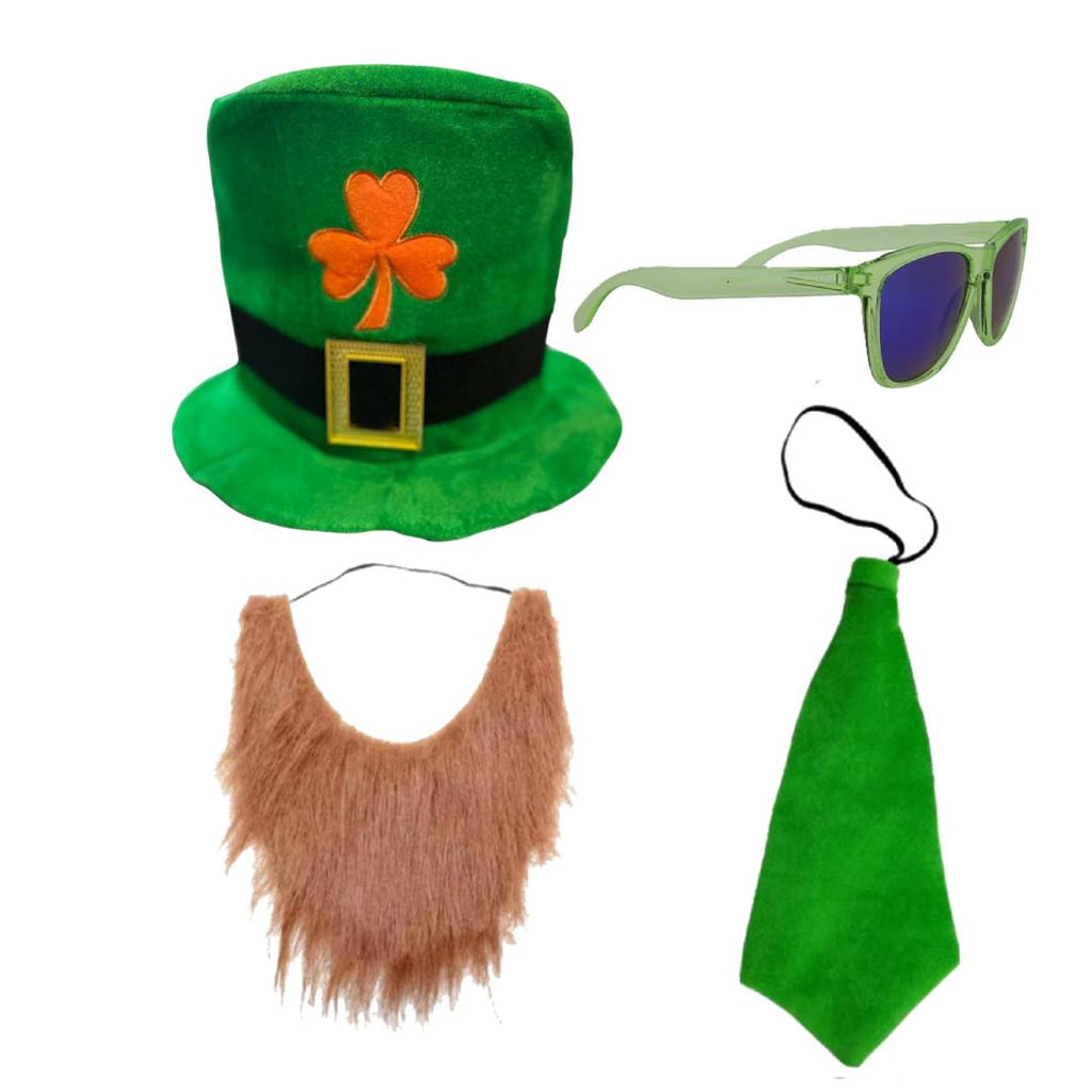 Kit Disfraz San Patricio Leprechaun 4 Piezas: Sombrero con Trébol, Barba Pelirroja, Gafas de Sol y Corbata Verde – Ideal para Carnaval, Fiestas Temáticas y Halloween – Talla Única Adulto