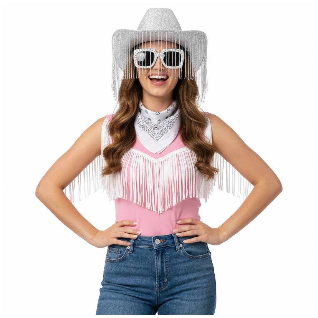 Pack Disfraz Vaquera Premium Adulto: Sombrero Cowgirl con Flecos de Lujo y Tiara, Gafas de Sol Retro Glam y Bandana Paisley – Set Completo 3 Piezas para Carnaval, Festivales y Despedidas – Talla Única