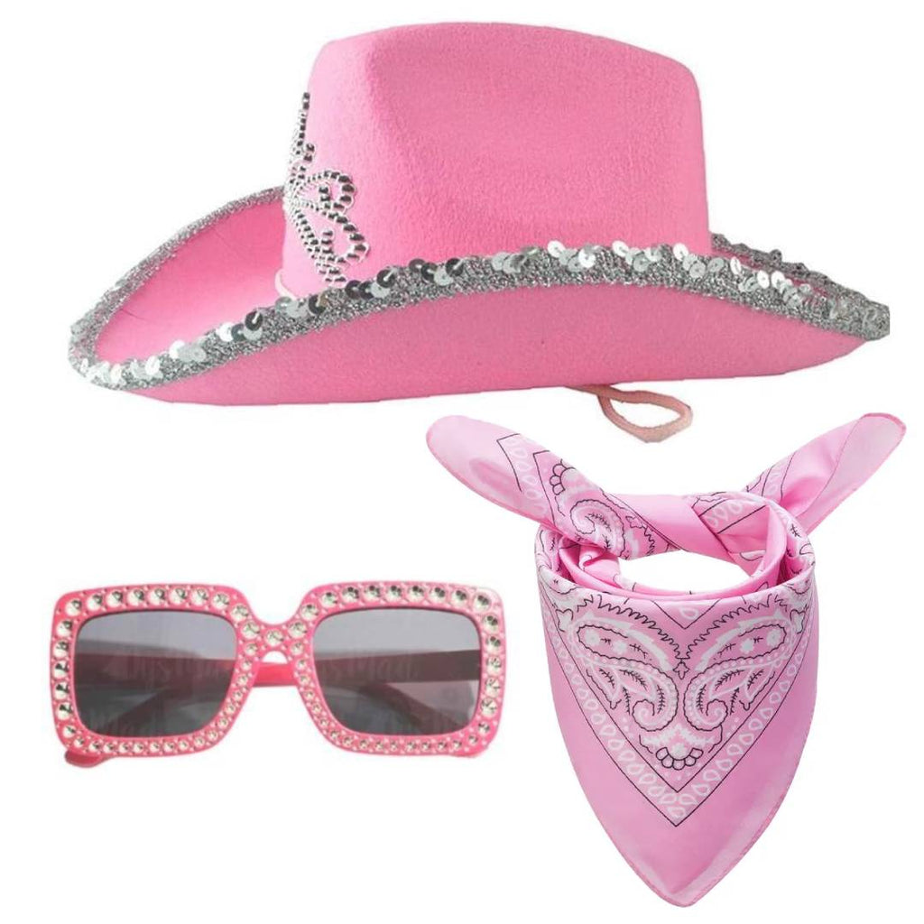 Set de Vaquera Rosa Premium: Sombrero de Cowgirl con Tiara, Gafas de Sol de Brillo y Bandana Paisley - Kit Completo para Disfraz de Carnaval, Halloween y Despedidas de Soltera