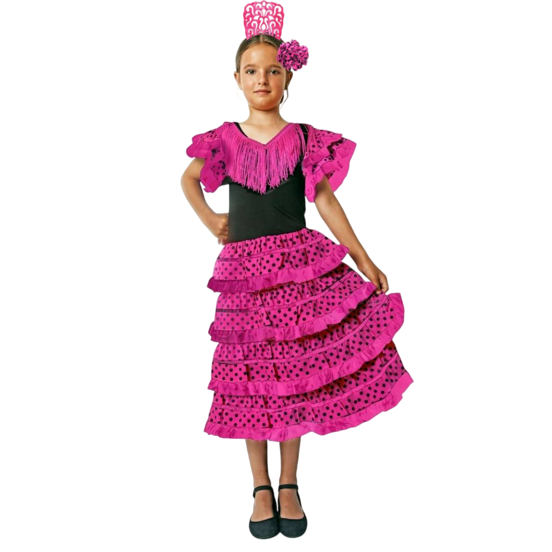 Vestido Flamenca Niña Fucsia y Negro - Traje de Sevillana con Flor y Peineta - Disfraz Feria y Carnaval (Tallas 1-12 Años)