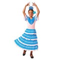 Traje de Flamenca Niña Azul y Blanco con Lunares | Vestido de Sevillana Infantil con Peineta y Flor | Disfraz de Feria y Baile