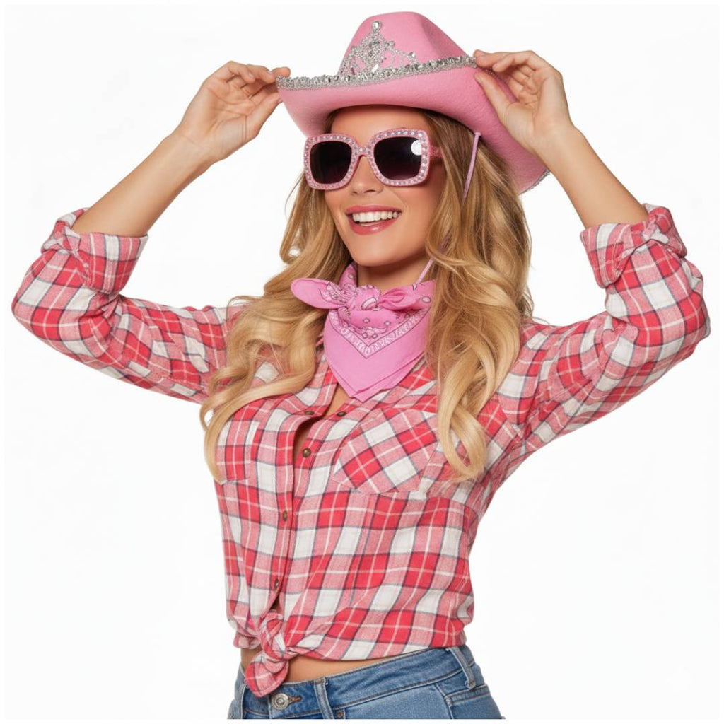 Set de Vaquera Rosa Premium: Sombrero de Cowgirl con Tiara, Gafas de Sol de Brillo y Bandana Paisley - Kit Completo para Disfraz de Carnaval, Halloween y Despedidas de Soltera