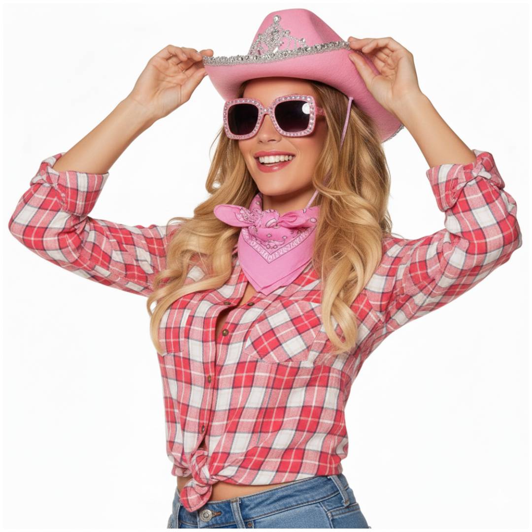Set de Vaquera Rosa Premium: Sombrero de Cowgirl con Tiara, Gafas de Sol de Brillo y Bandana Paisley - Kit Completo para Disfraz de Carnaval, Halloween y Despedidas de Soltera