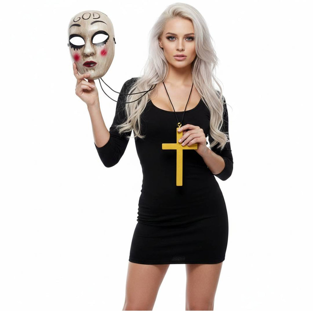 Disfraz de La purga Mujer, Monja Medieval, Religión | Túnica Negra con Capucha, Cruz dorada y Máscara God para Fiesta Halloween, Carnaval y eventos de cosplay