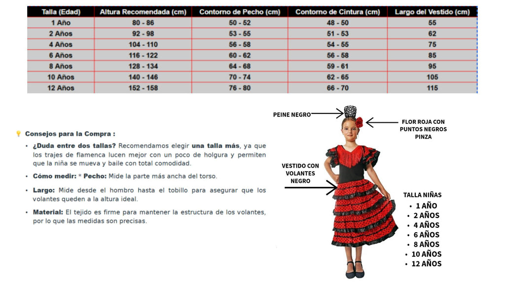 Disfraz de Flamenca Niña Vestido Sevillana con Volantes y Lunares, Incluye Peineta y Flor, Ideal Carnaval y Ferias (1-12 Años)