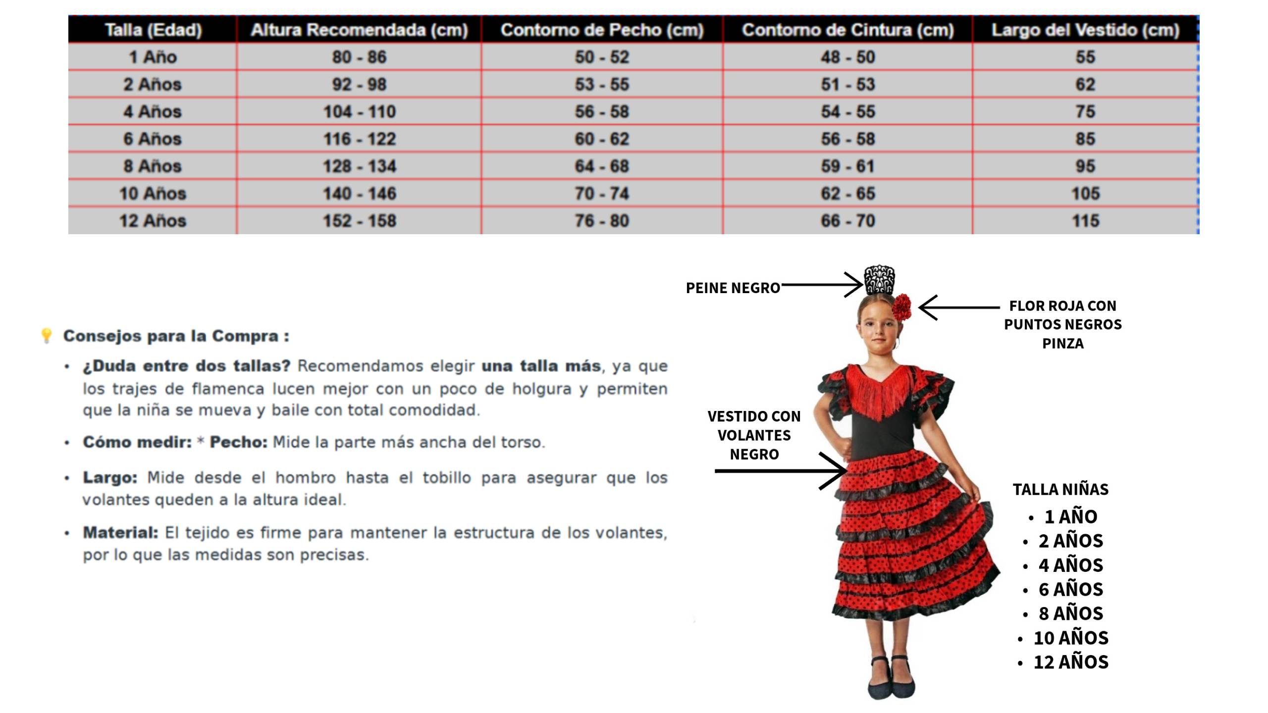 Disfraz de Flamenca Niña Vestido Sevillana con Volantes y Lunares, Incluye Peineta y Flor, Ideal Carnaval y Ferias (1-12 Años)