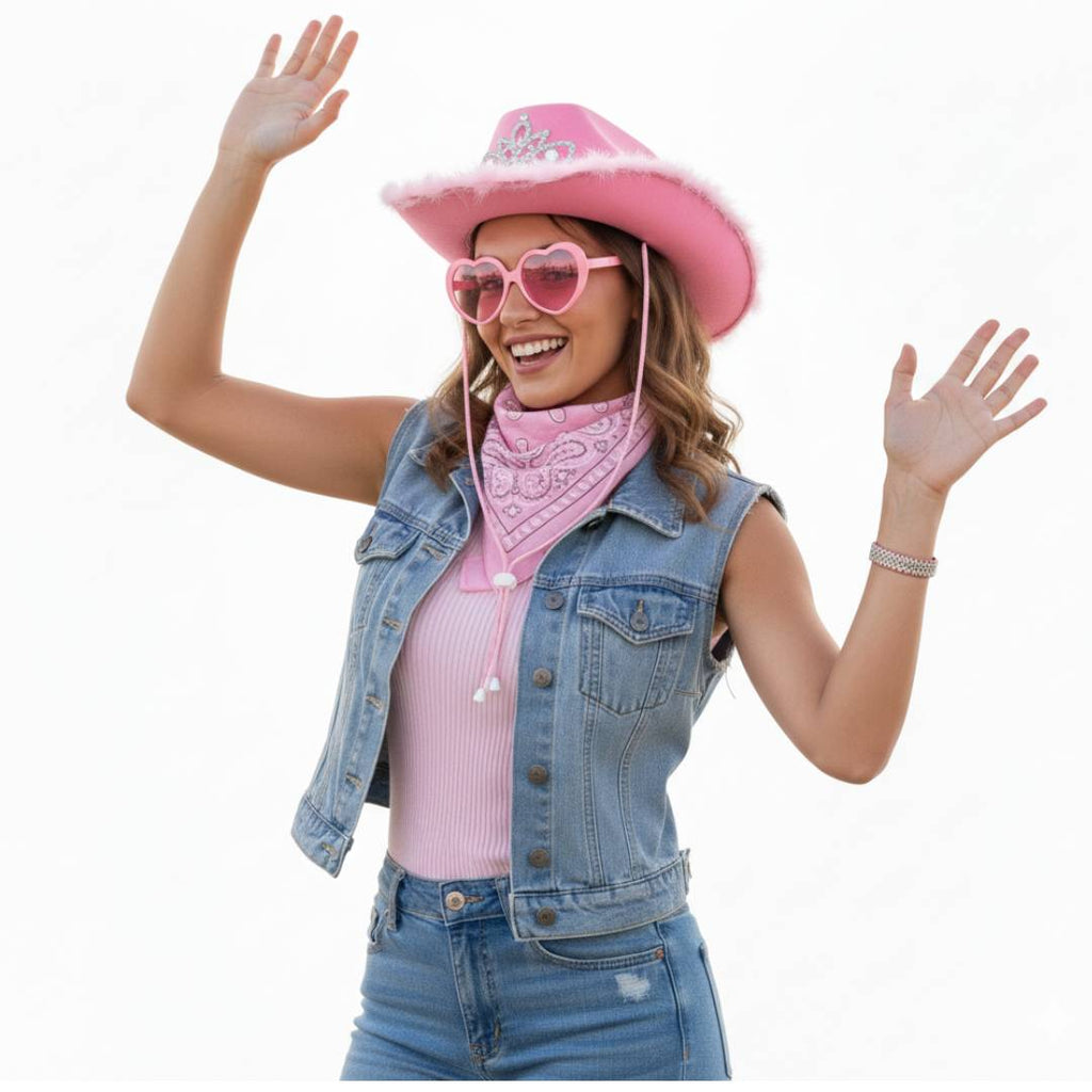 Pack 3 Piezas Disfraz Vaquera Rosa Mujer - Sombrero Cowgirl de Lujo, Pañuelo Western y Gafas de Corazón - Ideal para Carnaval, Festivales, Despedidas y Halloween - Talla Única.
