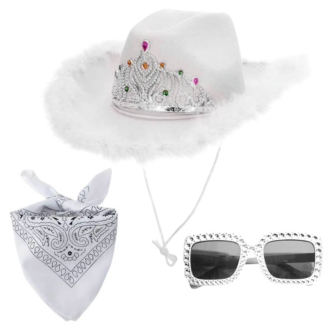 Set Vaquera Sombrero Cowgirl Blanca con Cordon Ajustable, Bandana Western Estampada Paisley y Gafas Blancas a Juego | Talla Unica Adulto Mujer | Kit Completo para Eventos