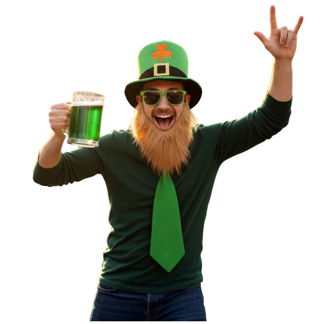 Kit Disfraz San Patricio Leprechaun 4 Piezas: Sombrero con Trébol, Barba Pelirroja, Gafas de Sol y Corbata Verde – Ideal para Carnaval, Fiestas Temáticas y Halloween – Talla Única Adulto