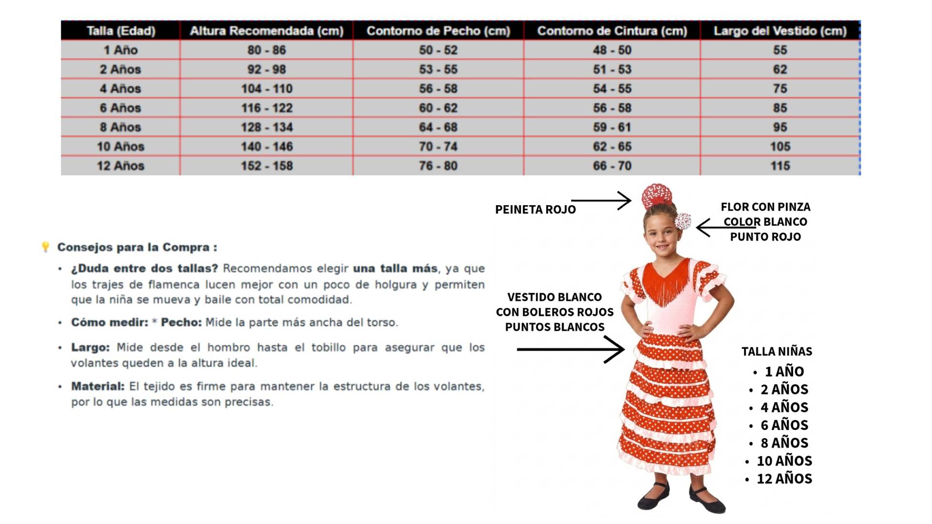Vestido Flamenca Niña Traje Sevillana con Peineta y Flor | Disfraz Andaluza Feria y Carnaval | Tallas 1 a 12 Años