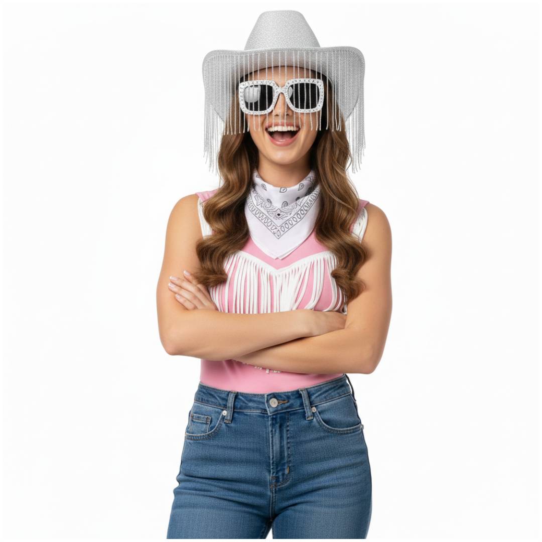 Pack Disfraz Vaquera Premium Adulto: Sombrero Cowgirl con Flecos de Lujo y Tiara, Gafas de Sol Retro Glam y Bandana Paisley – Set Completo 3 Piezas para Carnaval, Festivales y Despedidas – Talla Única