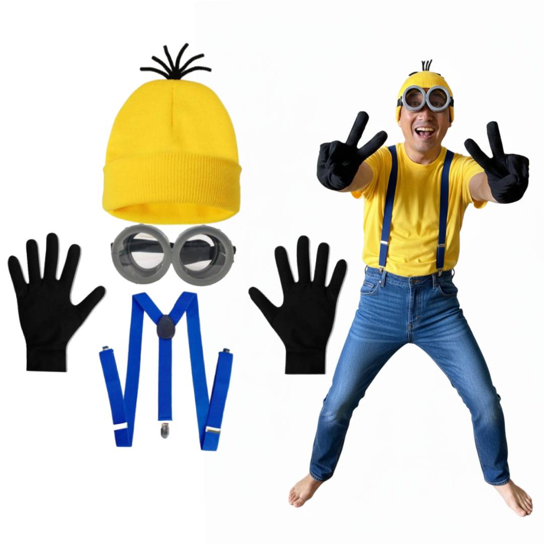 Kit Accesorios Disfraz Amarillo Adulto: Gorro, Gafas, Tirantes y Guantes - Set 4 Piezas para Carnaval y Halloween