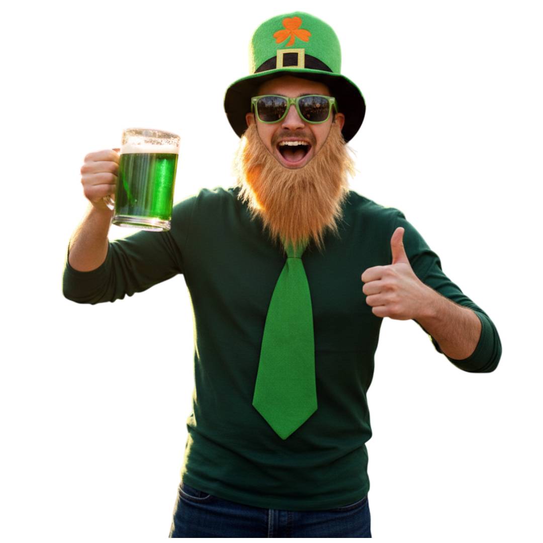 Kit Disfraz San Patricio Leprechaun 4 Piezas: Sombrero con Trébol, Barba Pelirroja, Gafas de Sol y Corbata Verde – Ideal para Carnaval, Fiestas Temáticas y Halloween – Talla Única Adulto