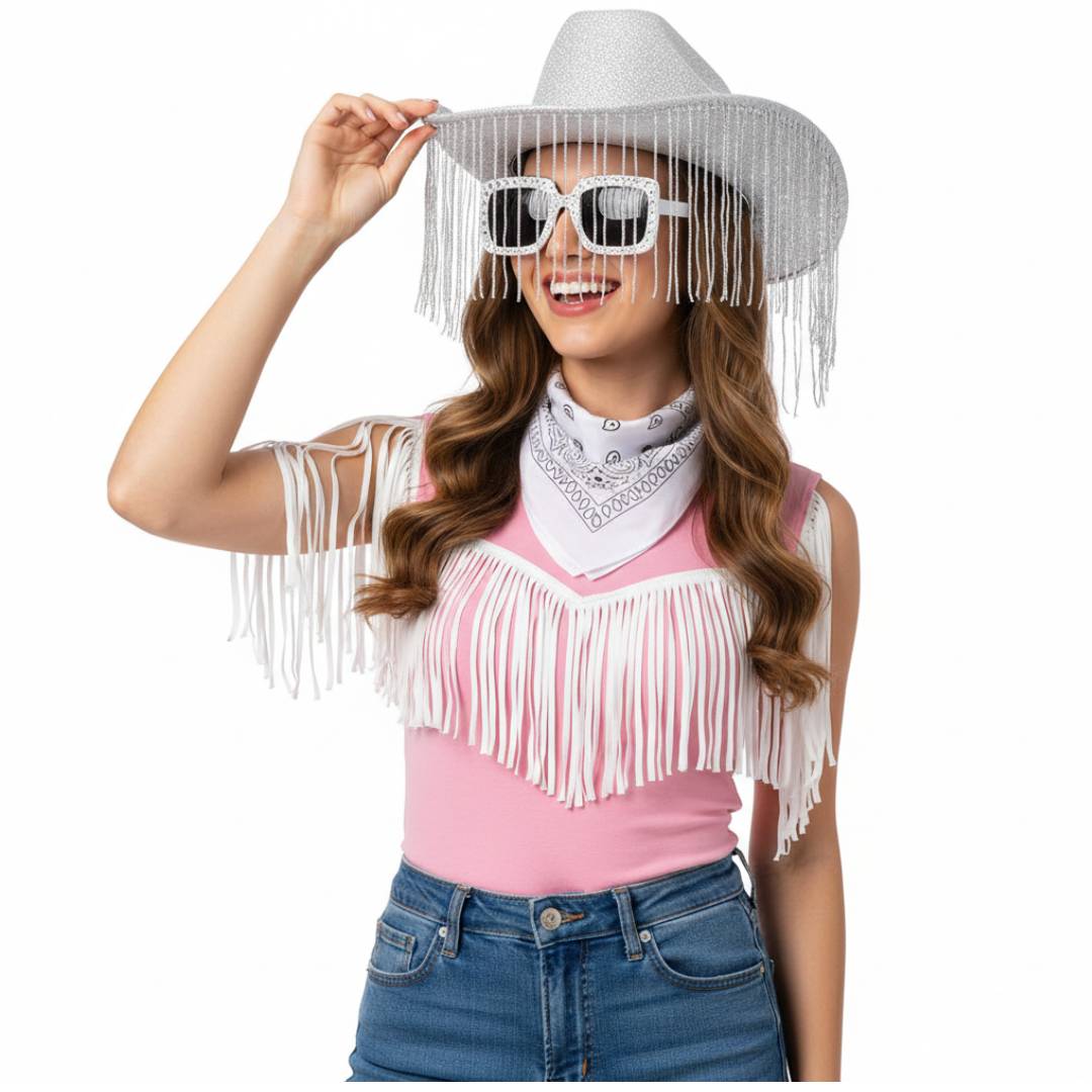 Pack Disfraz Vaquera Premium Adulto: Sombrero Cowgirl con Flecos de Lujo y Tiara, Gafas de Sol Retro Glam y Bandana Paisley – Set Completo 3 Piezas para Carnaval, Festivales y Despedidas – Talla Única