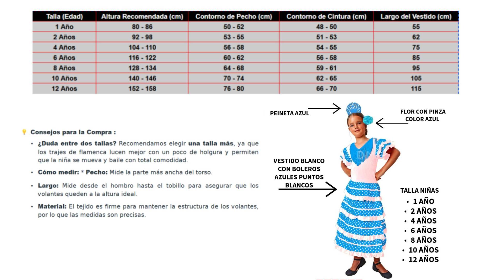 Traje de Flamenca Niña Azul y Blanco con Lunares | Vestido de Sevillana Infantil con Peineta y Flor | Disfraz de Feria y Baile