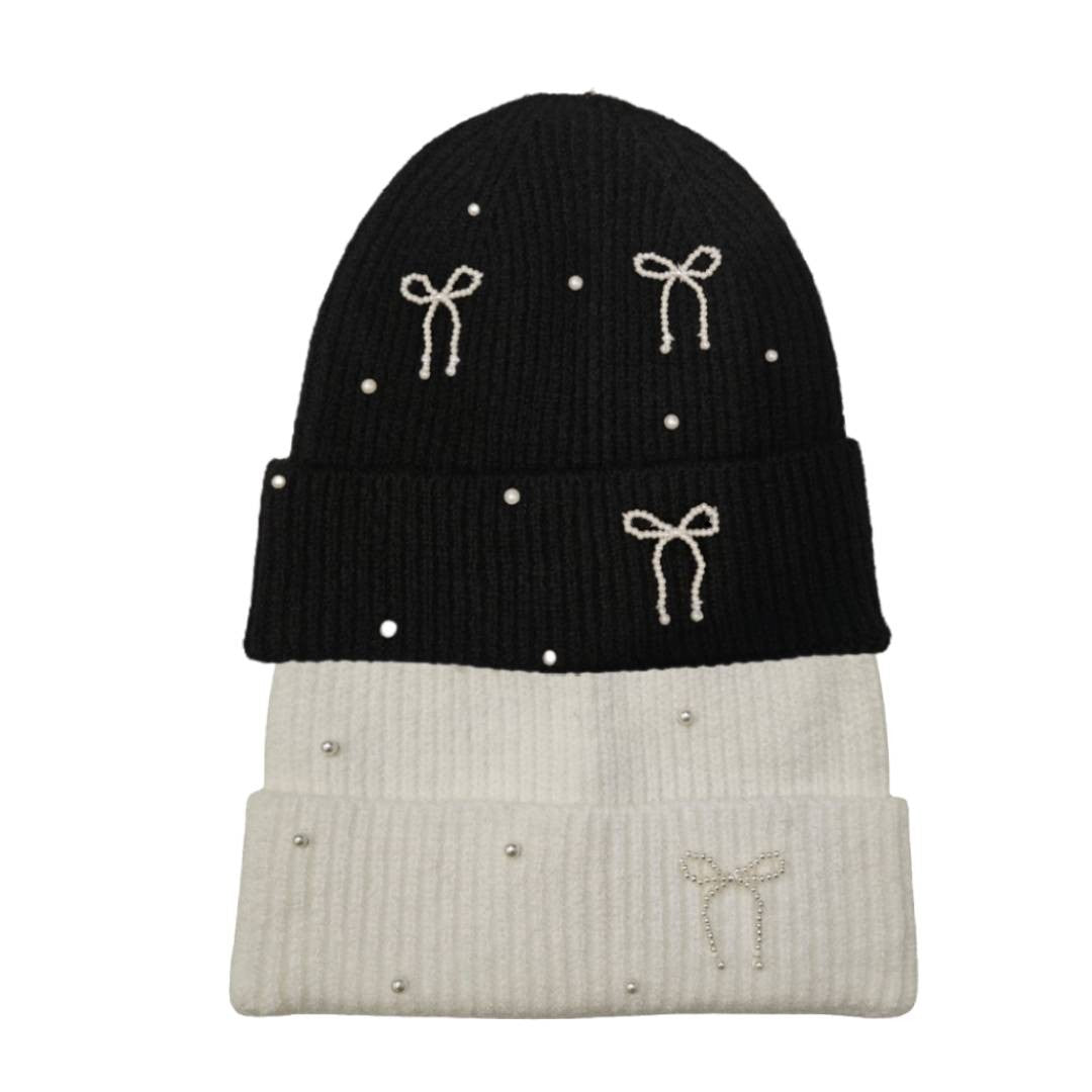Pack Duo "Pearl & Bow" Beanie – La Colección Coquette – Negro, Off-White.