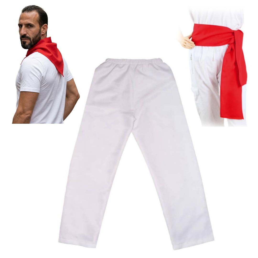 Traje San Fermín Adulto: Pantalón Blanco Ajustable + Faja Roja (200cm) + Pañuelo Bandana | Disfraz Sanfermines y Carnaval