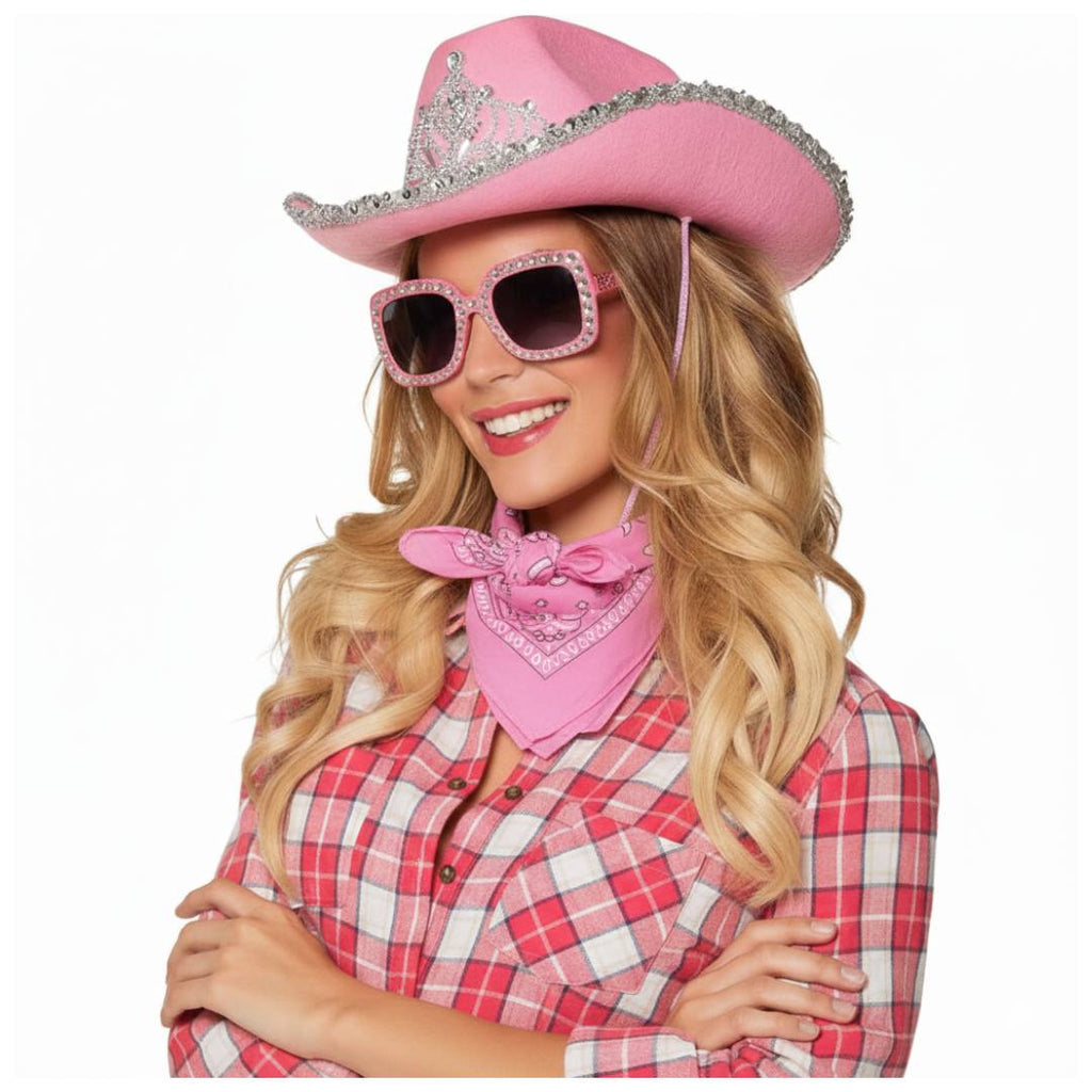 Set de Vaquera Rosa Premium: Sombrero de Cowgirl con Tiara, Gafas de Sol de Brillo y Bandana Paisley - Kit Completo para Disfraz de Carnaval, Halloween y Despedidas de Soltera