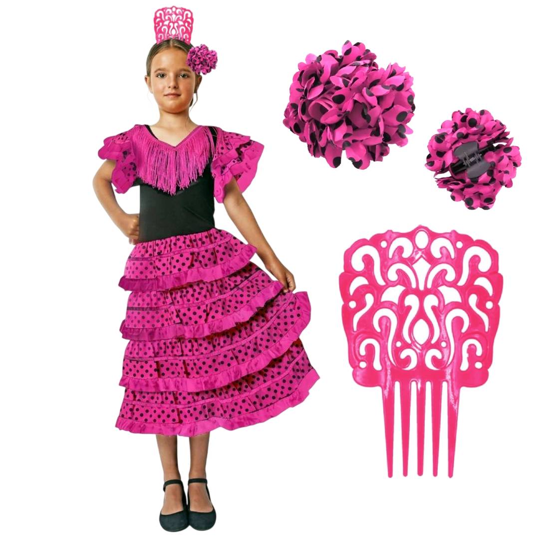 Vestido Flamenca Niña Fucsia y Negro - Traje de Sevillana con Flor y Peineta - Disfraz Feria y Carnaval (Tallas 1-12 Años)