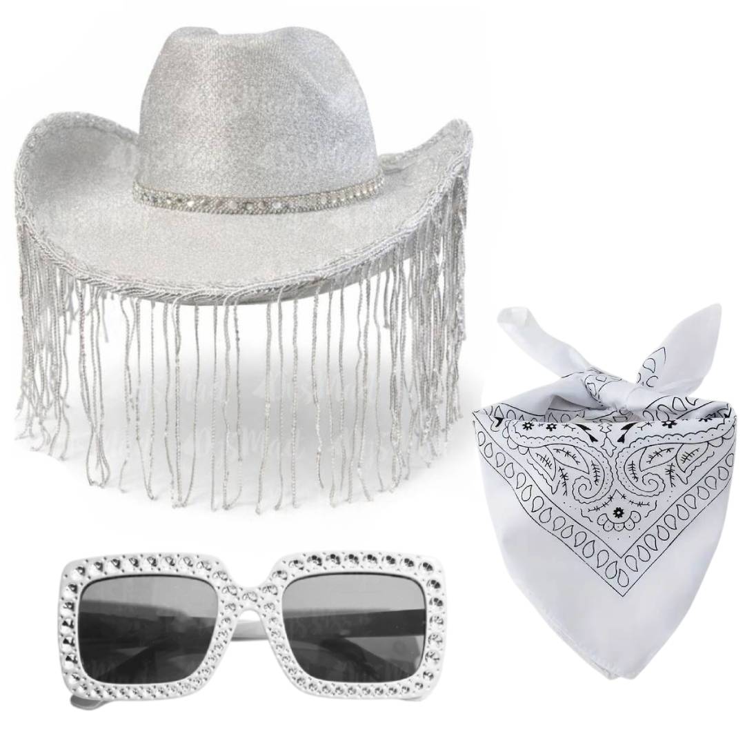 Pack Disfraz Vaquera Premium Adulto: Sombrero Cowgirl con Flecos de Lujo y Tiara, Gafas de Sol Retro Glam y Bandana Paisley – Set Completo 3 Piezas para Carnaval, Festivales y Despedidas – Talla Única