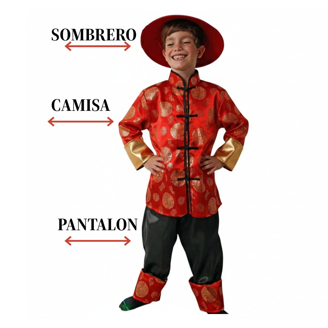 Disfraz de Guerrero Oriental para Niño - Conjunto Completo de 3 Piezas (Camisa, Pantalón y Sombrero) - Ideal para Carnaval, Halloween y Fiestas Temáticas - Rojo y Dorado Satinado
