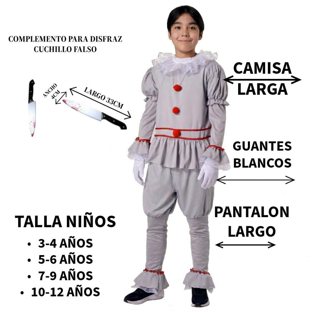 Disfraz Payaso Gris Niño con Cuchillo Falso Carnaval Halloween Fiestas Temáticas Tallas 3-12 Años Completo