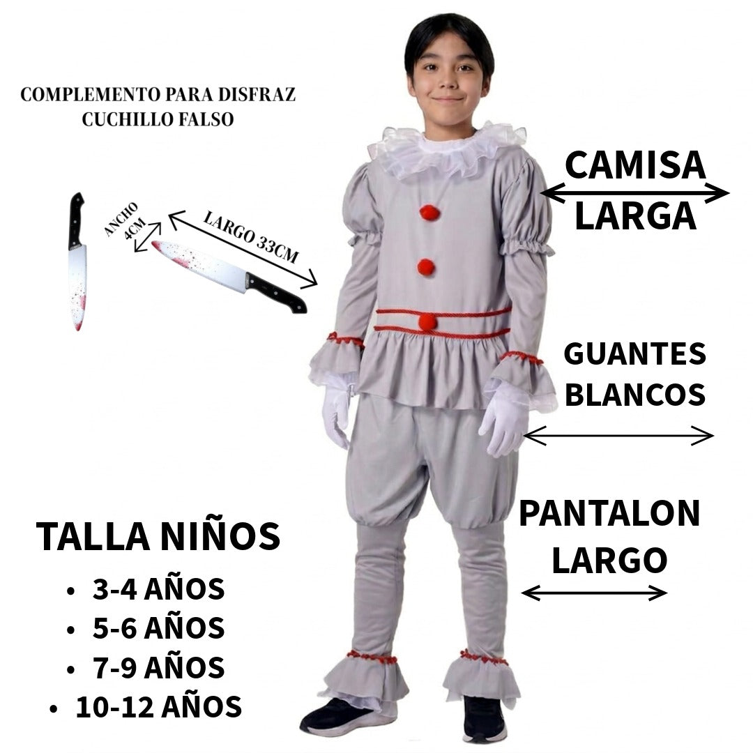 Disfraz Payaso Gris Niño con Cuchillo Falso Carnaval Halloween Fiestas Temáticas Tallas 3-12 Años Completo