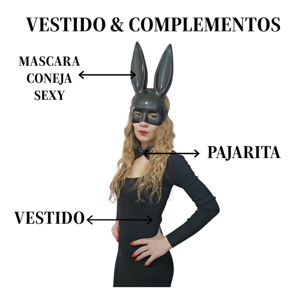 Disfraz Coneja Sexy Mujer - Vestido Negro para la Noche, Máscara y Pajarita - Show Baile, Halloween y Carnaval