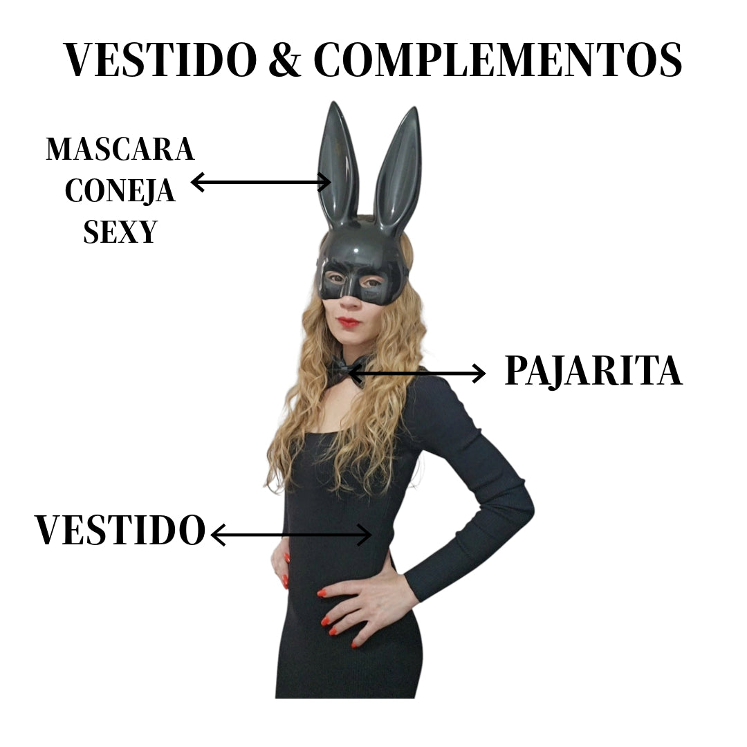Disfraz Coneja Sexy Mujer - Vestido Negro para la Noche, Máscara y Pajarita - Show Baile, Halloween y Carnaval