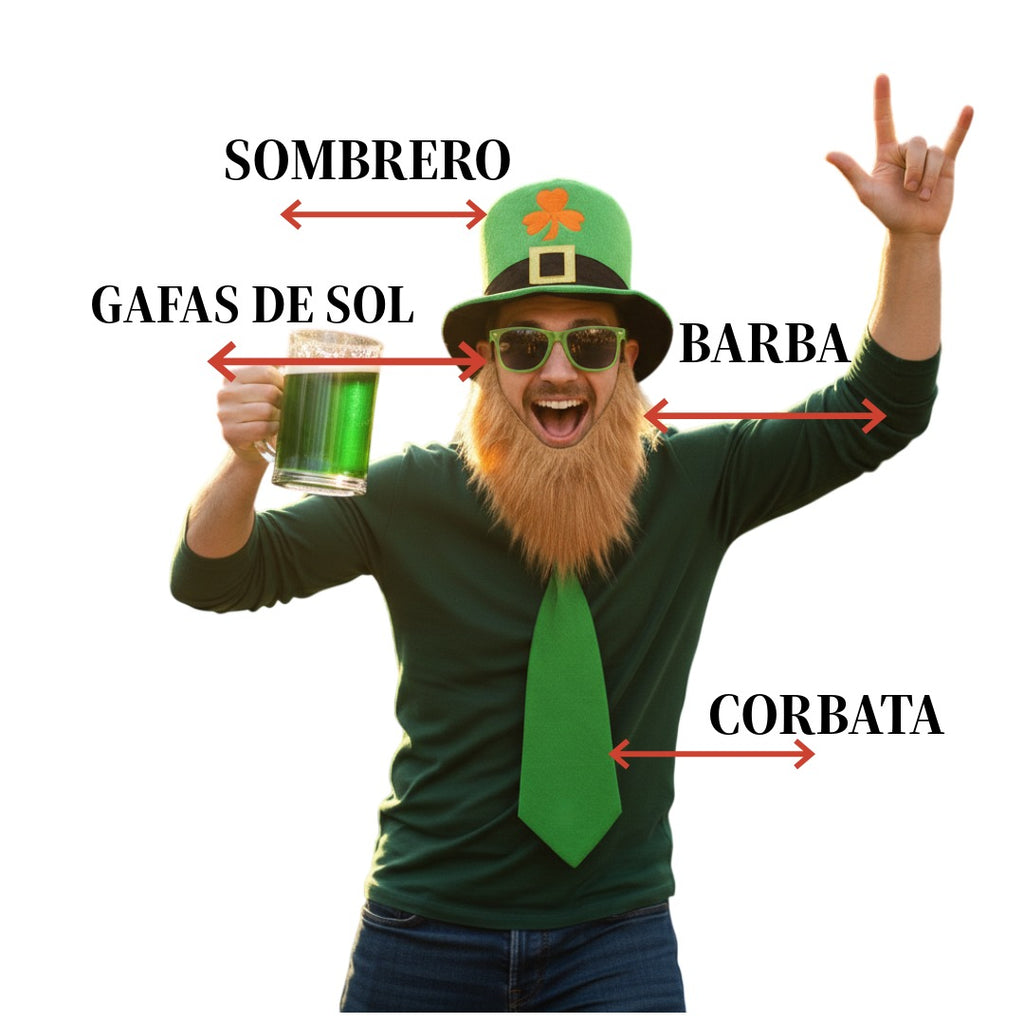 Kit Disfraz San Patricio Leprechaun 4 Piezas: Sombrero con Trébol, Barba Pelirroja, Gafas de Sol y Corbata Verde – Ideal para Carnaval, Fiestas Temáticas y Halloween – Talla Única Adulto