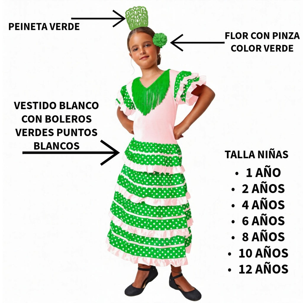 Disfraz Flamenca Niña Vestido Sevillana con Lunares y Accesorios - Traje de Gitana | Carnaval, Ferias y Fiestas