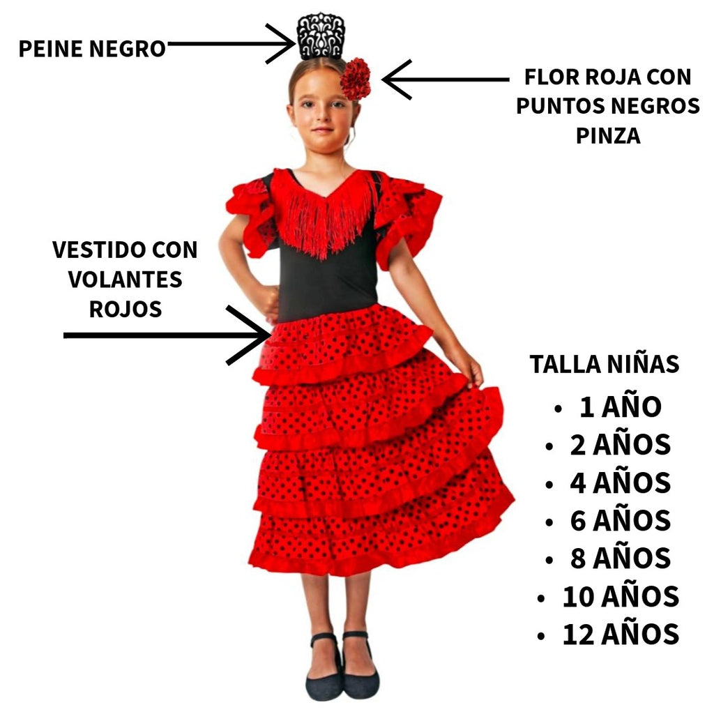 Disfraz de Flamenca para Niña - Vestido Sevillana con Volantes Rojos y Lunares, Incluye Peineta y Flor - Tallas 1 a 12 Años