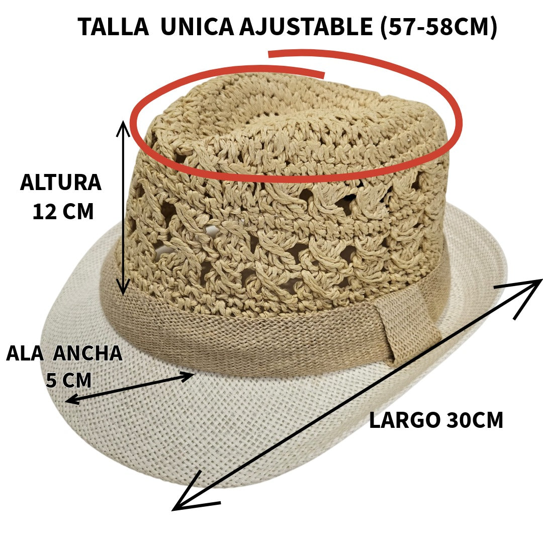 Sombrero de Paja Calado para Hombre y Mujer Adulto - Sombrero de Sol Estilo Panamá Bicolor Resistente, Gorro de Verano Unisex Ajustable para Playa y Eventos (Talla Única 57-58cm)