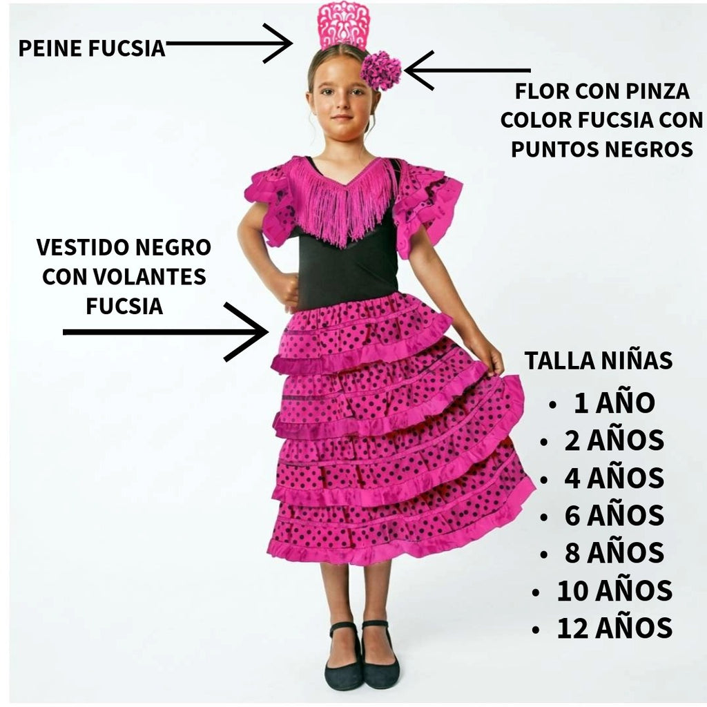 Vestido Flamenca Niña Fucsia y Negro - Traje de Sevillana con Flor y Peineta - Disfraz Feria y Carnaval (Tallas 1-12 Años)