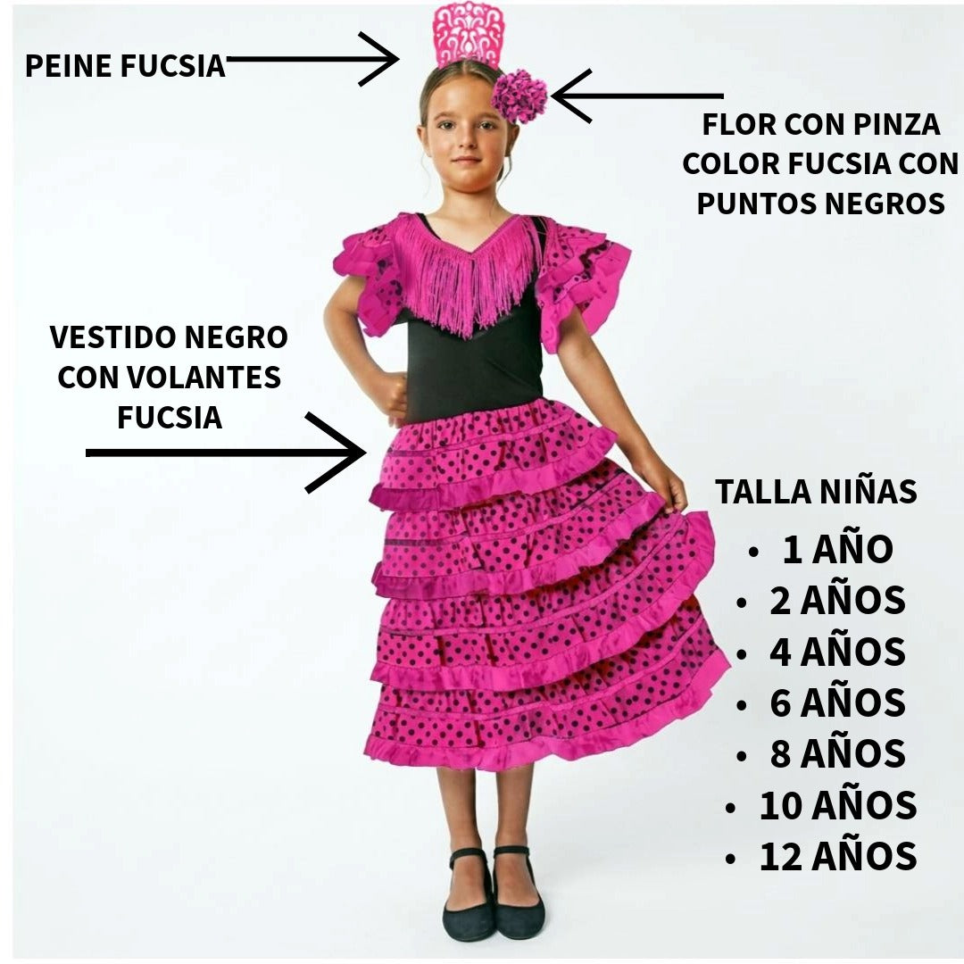 Vestido Flamenca Niña Fucsia y Negro - Traje de Sevillana con Flor y Peineta - Disfraz Feria y Carnaval (Tallas 1-12 Años)