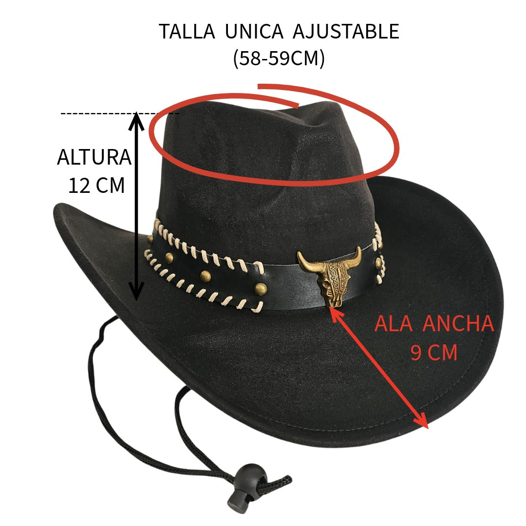 Sombrero Vaquero Estilo Western de Ala Ancha - Cowboy Negro Gamuza Sintética Talla única Ajustable para Adulto