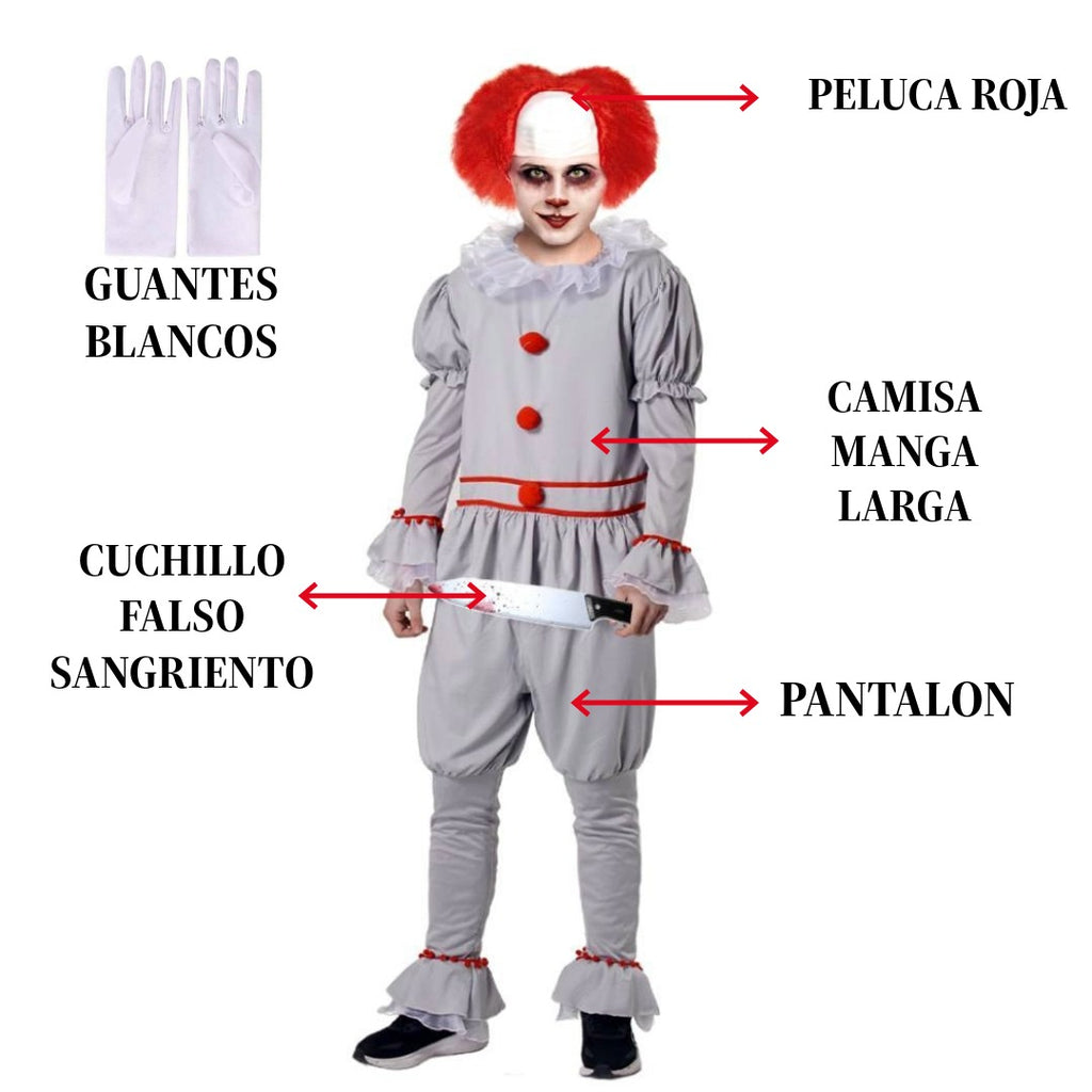 Disfraz de Payaso Siniestro con Peluca Roja y Cuchillo - Set Completo de Terror para Hombre, Tallas M-L-XL