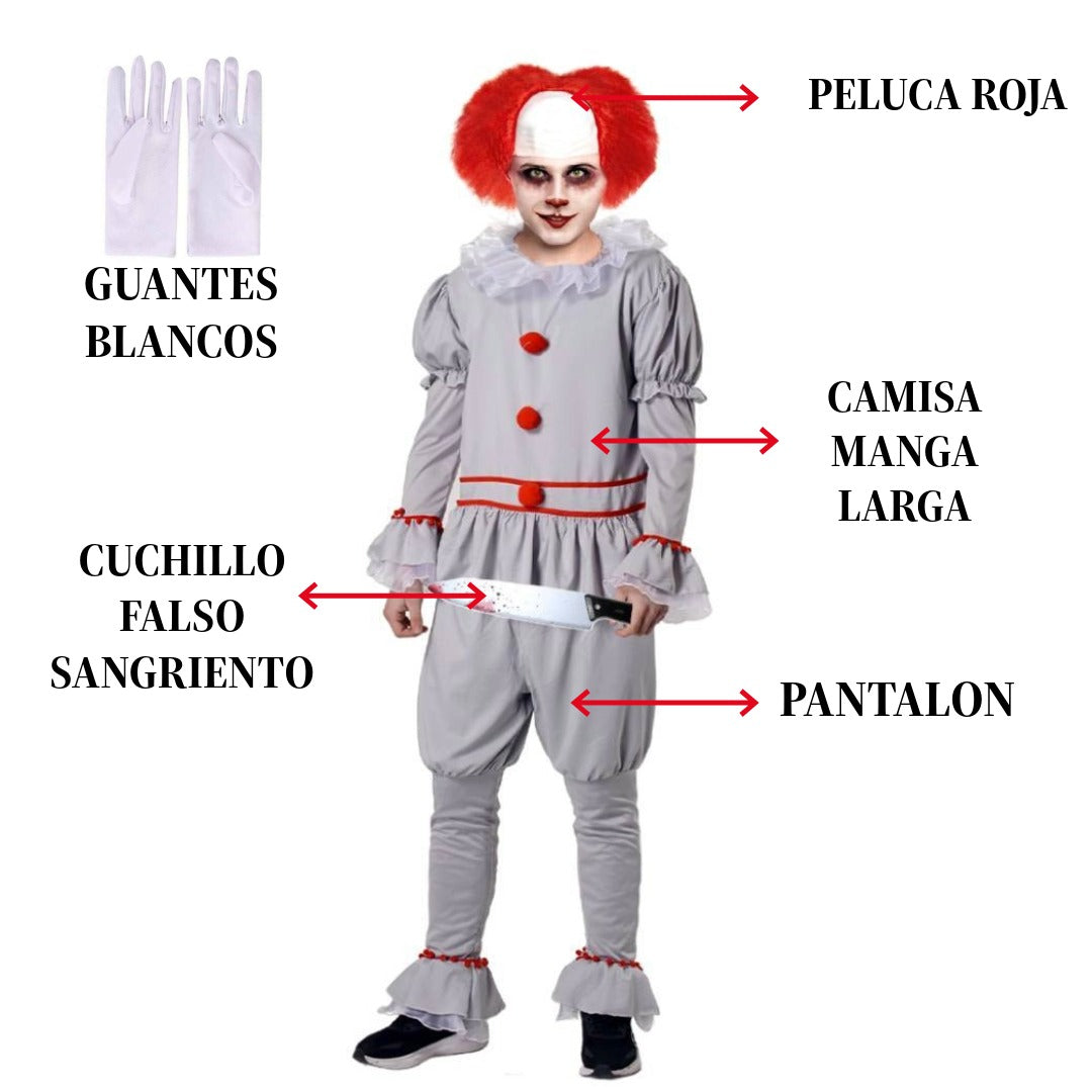 Disfraz de Payaso Siniestro con Peluca Roja y Cuchillo - Set Completo de Terror para Hombre, Tallas M-L-XL