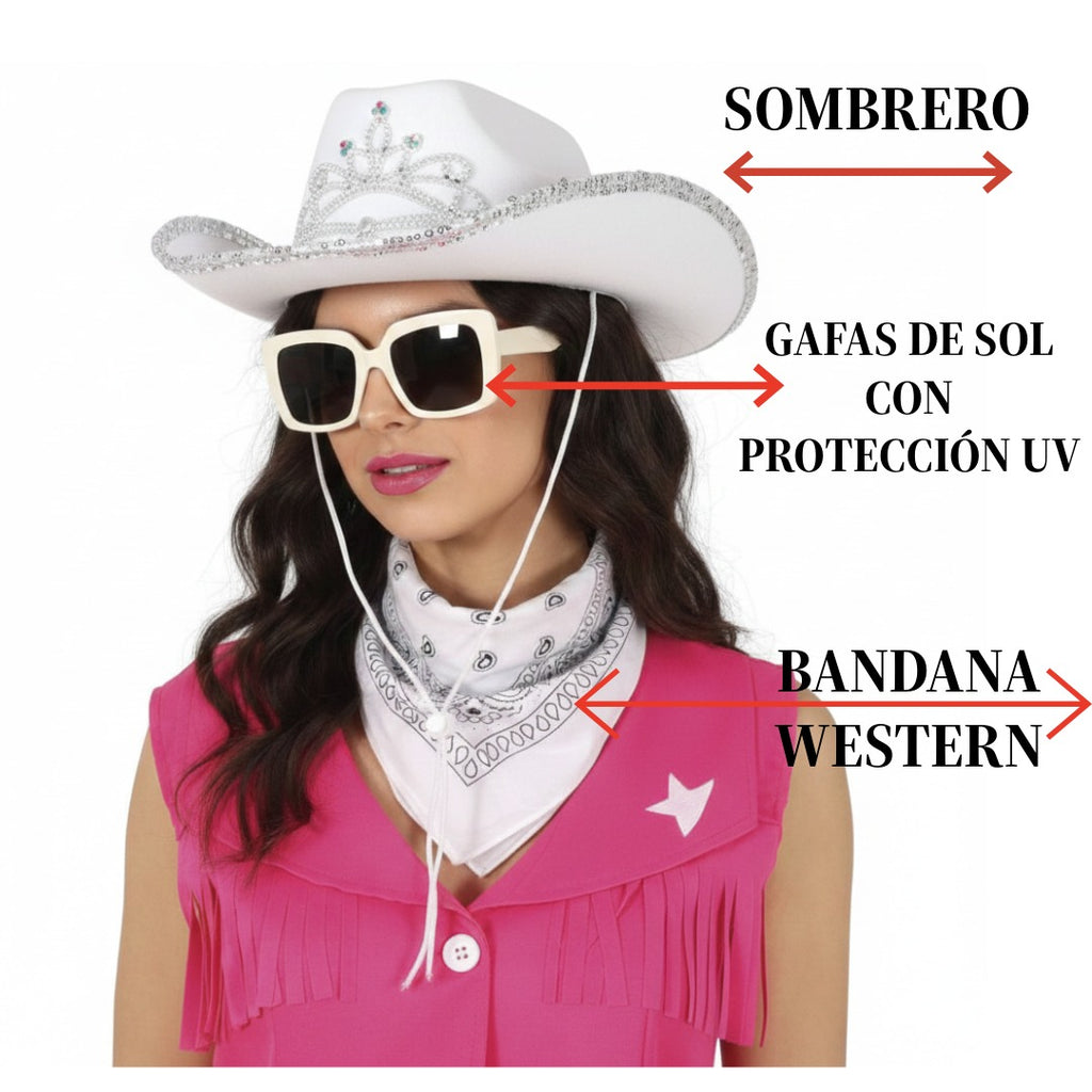 Pack Disfraz Vaquera Blanca Mujer 3 Piezas - Sombrero Cowboy con Tiara y lentejuelas, Pañuelo Bandana Western y Gafas de Sol UV - Set Completo para Carnaval, Despedidas de Soltera y Fiestas Temáticas - Talla Única.