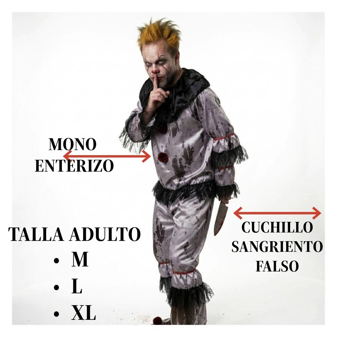 Disfraz de Payaso Siniestro Adulto - Mono Enterizo con Sangre Falsa para Halloween y Carnaval - Tallas M, L, XL